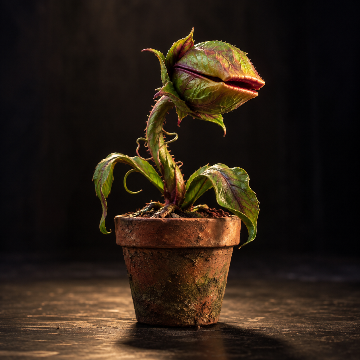 A small Audrey II seedling growing from a flower pot