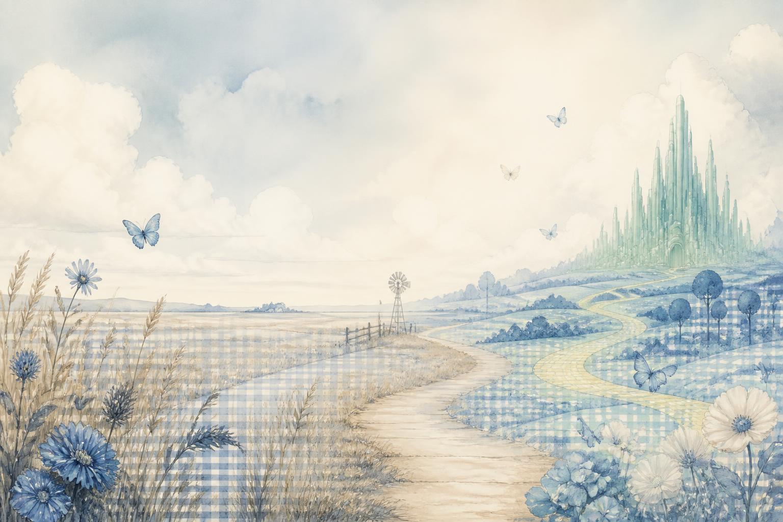 Watercolor illustration of a Kansas prairie transforming into the land of Oz