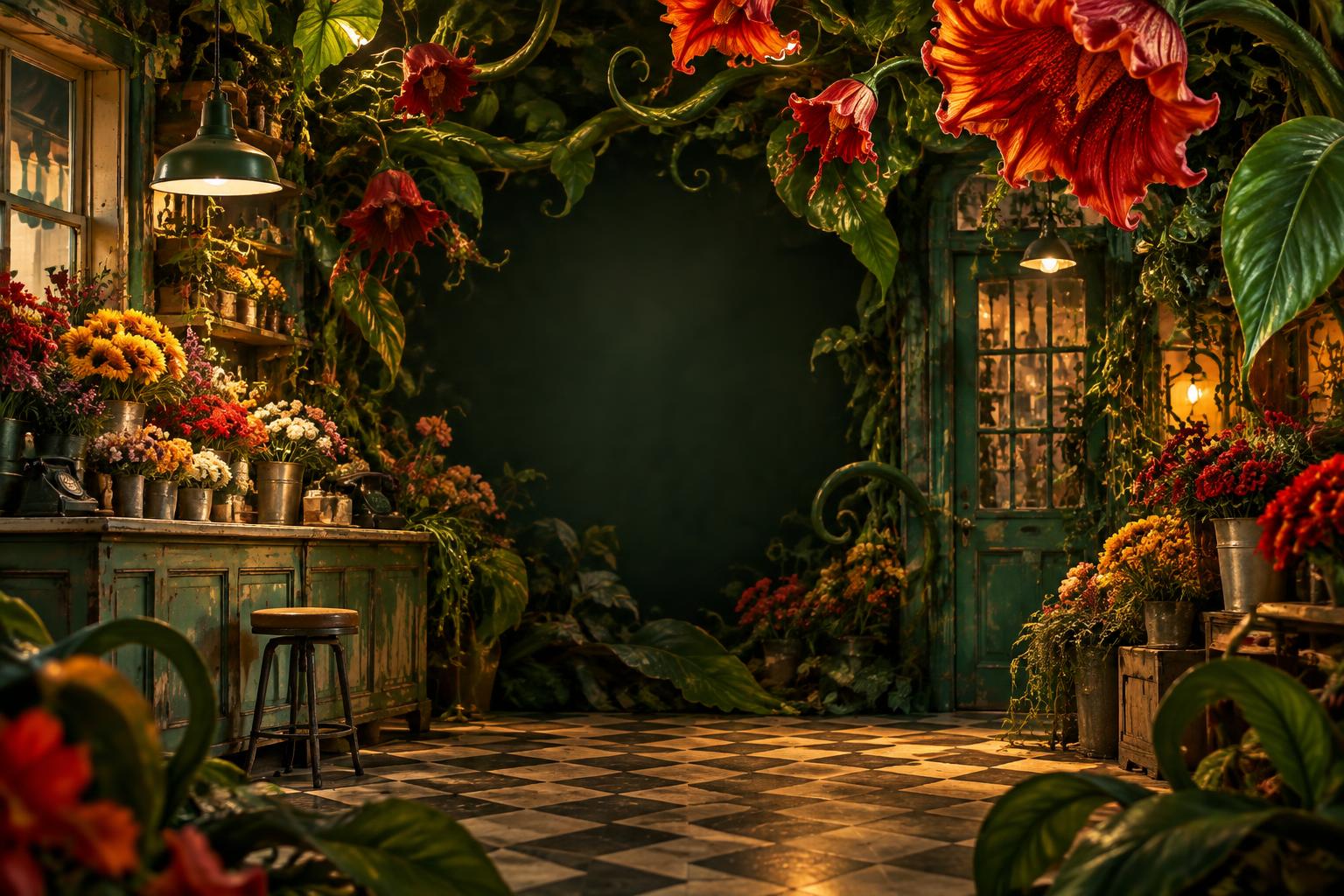 A vintage flower shop joyfully transformed by theatrical vines and blossoms