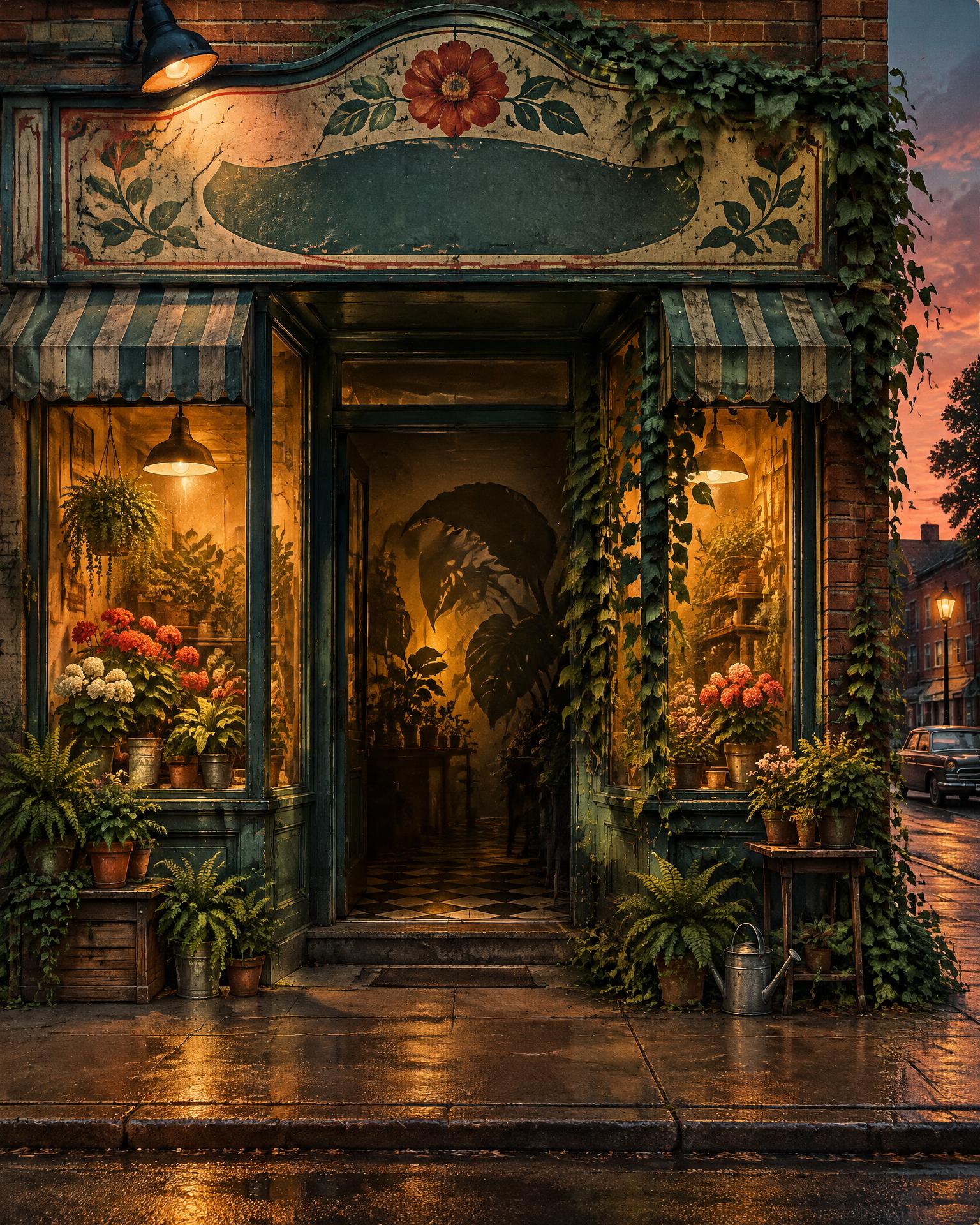 A warmly lit vintage neighborhood flower shop at dusk with unusual botanical growth inside
